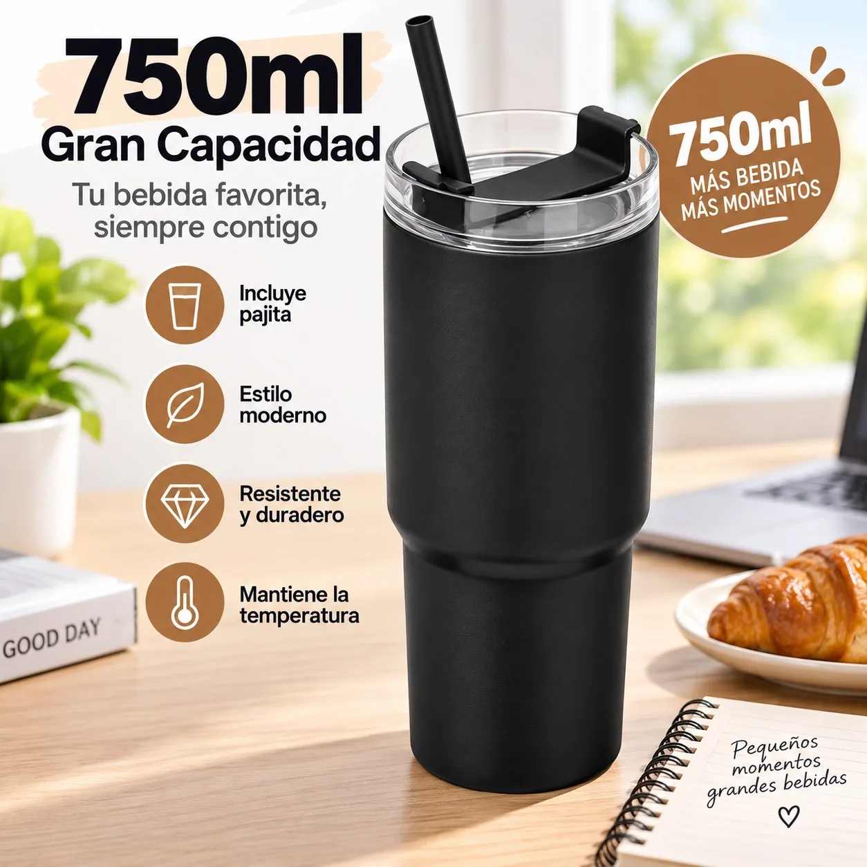 Bicchiere termico in vetro con coperchio e cannuccia riutilizzabile, tazza da viaggio portatile per caffè e acqua, con isolamento termico, design moderno ed ergonomico, ideale per auto e ufficio,