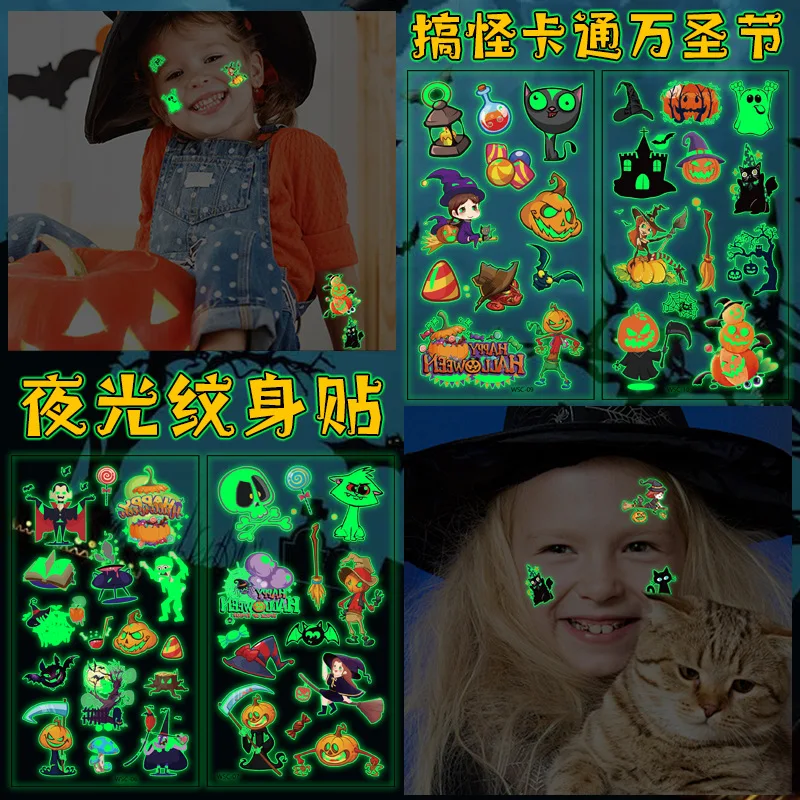 

10 Pcs Halloween Cartoon Green Glowing Face Temporary Tattoos Kids Glow Dark Premium Waterproof Stickers Party Favo