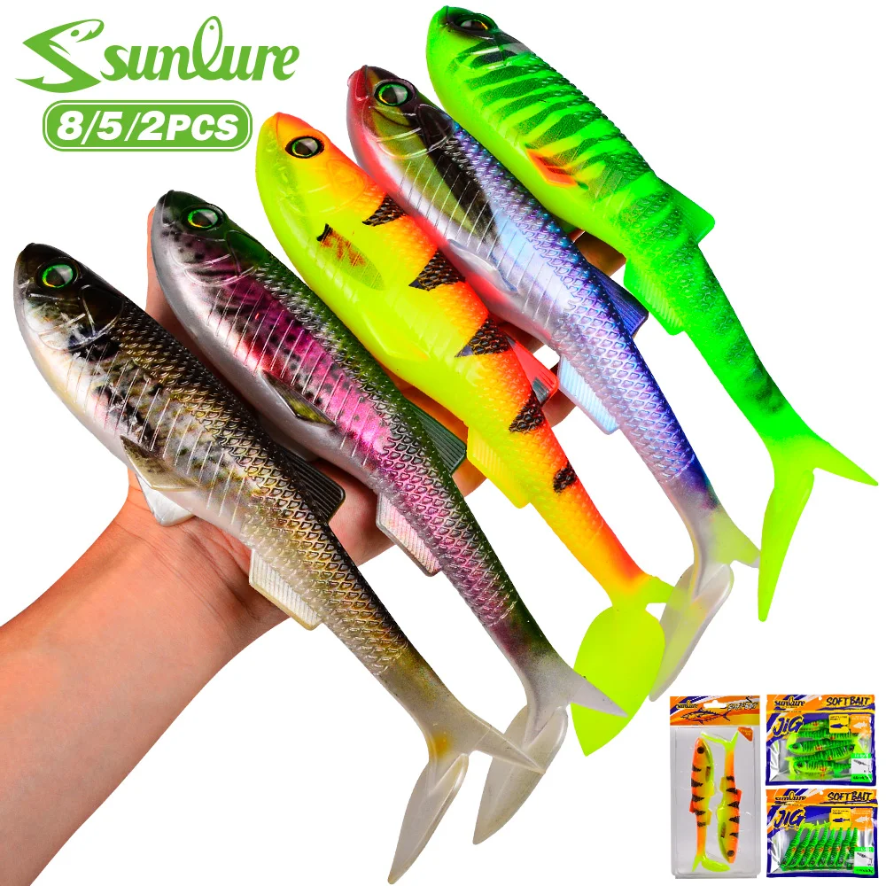 Sunlure 3D Realistische Fischaugen Swimbait 2/5/8 Stück T-Tail Weichköder Künstlicher Silikon-Shad-Köder für Bass Salzwasser-Angelzubehör