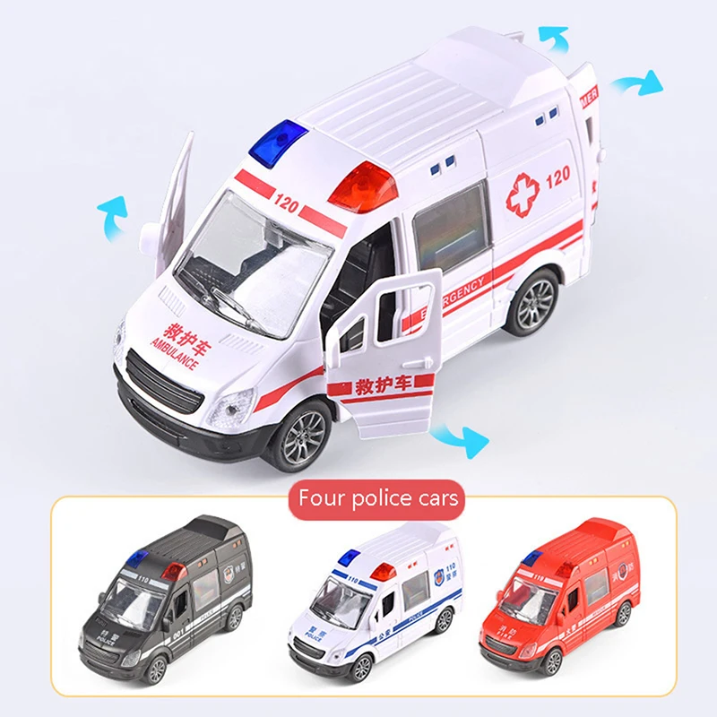 Hospital Rescue Ambulance Police Metal Cars Model Pull Back Sound And Light Alloy Diecast Car Toys For Children  Gifts