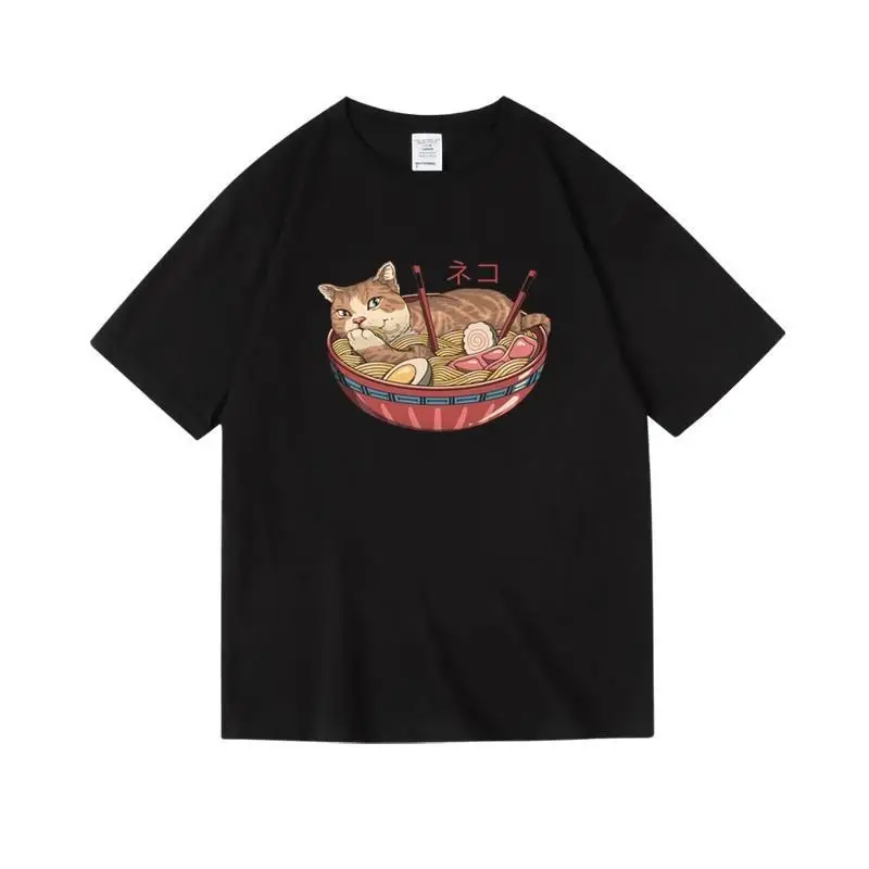 

T-shirt Imprimé Chat Ramen En Coton Col Rond Manches Courtes Demi-manches Étudiant Mâle Femelle