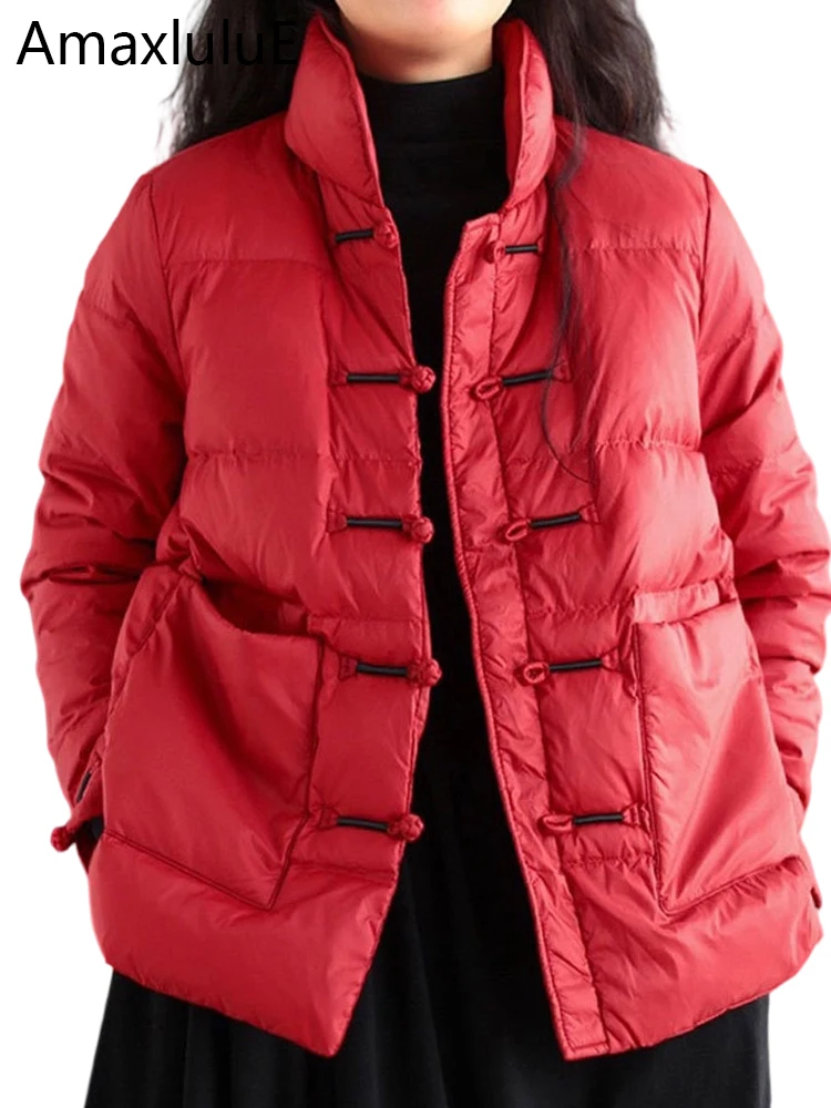 Amax luluE 2024 Chinese Winter Ladies Duck Down Jacket Fashion Luxury White Down Jackets Vintage Casual Loose Warm Down Jacket
