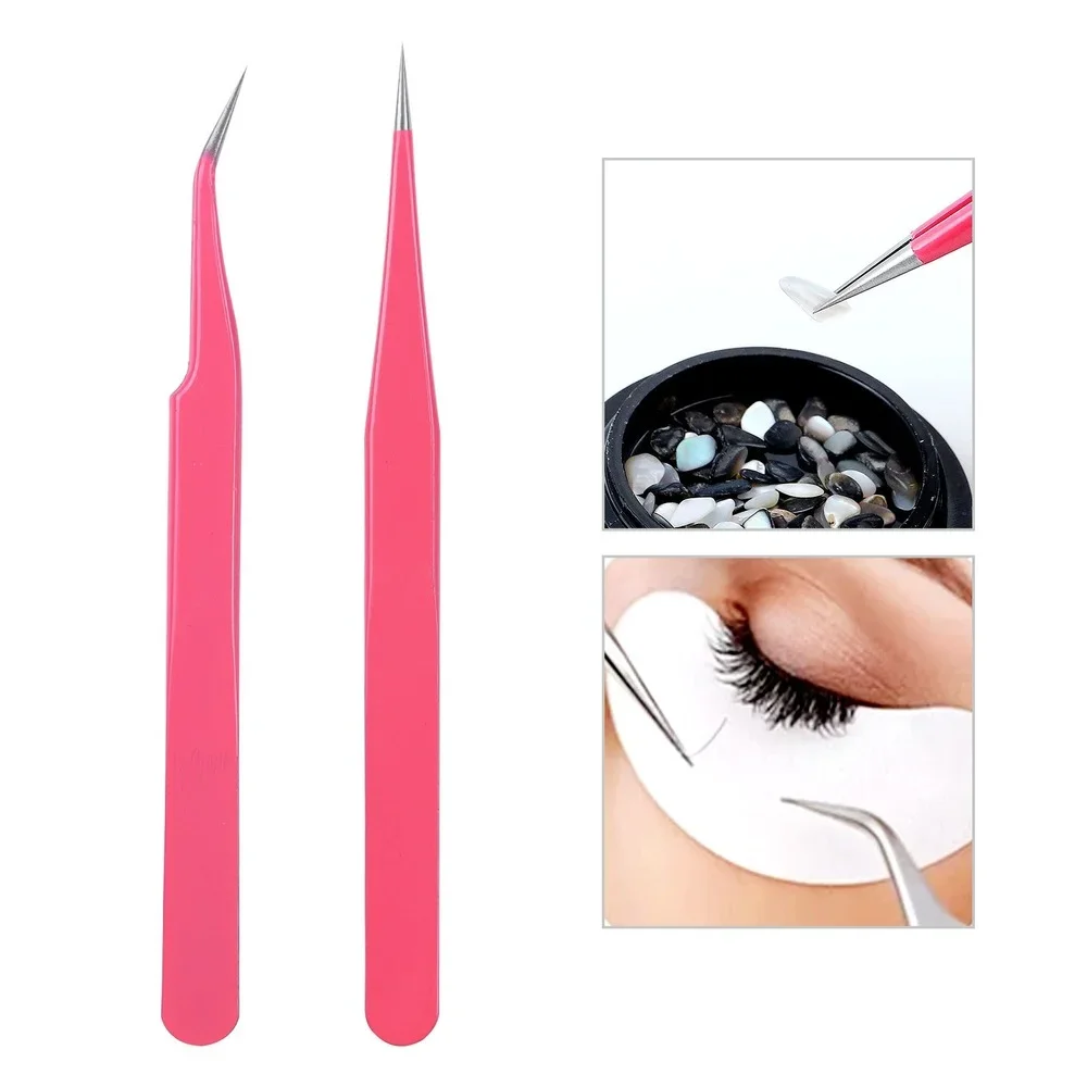 Pinzas de acero inoxidable para manicura, herramientas de recogida rectas y curvadas, pinzas puntiagudas para extensión de pestañas, 2 piezas, color rosa