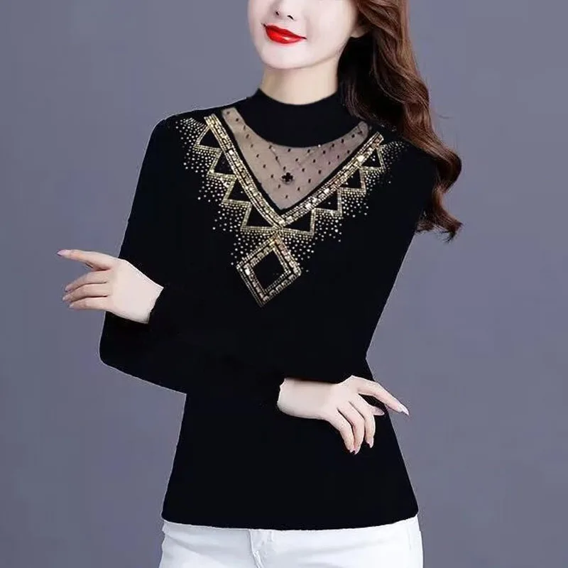 2023 NEW Spring AND Autumn Mesh Hot Diamond Half High Neck Fashion Slightly Transparent Trend Versatile Long Sleeve Women\'s Top