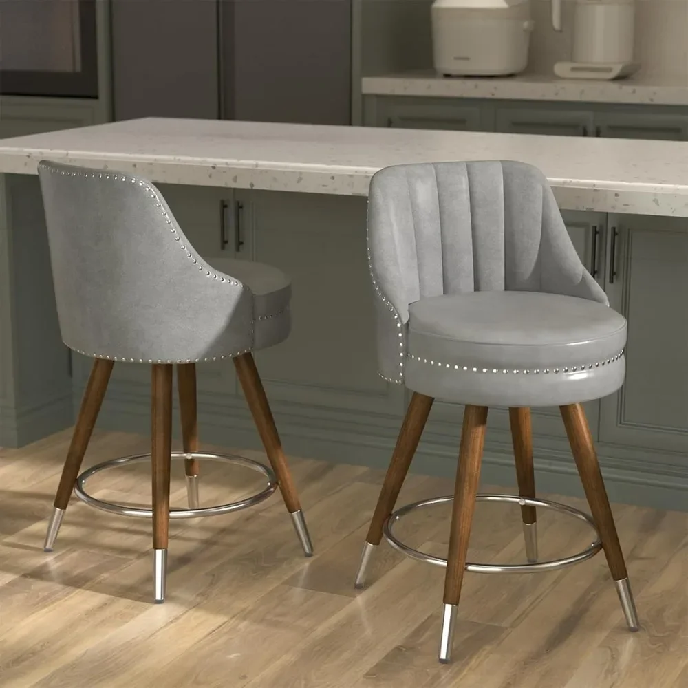 

Counter Height Bar Stools Set of 2, 24" Leather Bar Stools with Backs, Swivel Counter Stools with Wooden Legs