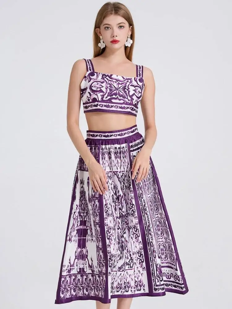 

Women Printed Evening Party Two Piece Sets Summer Sexy Camisole Vest High Waisted A-line Long Skirt Vintage Outfits