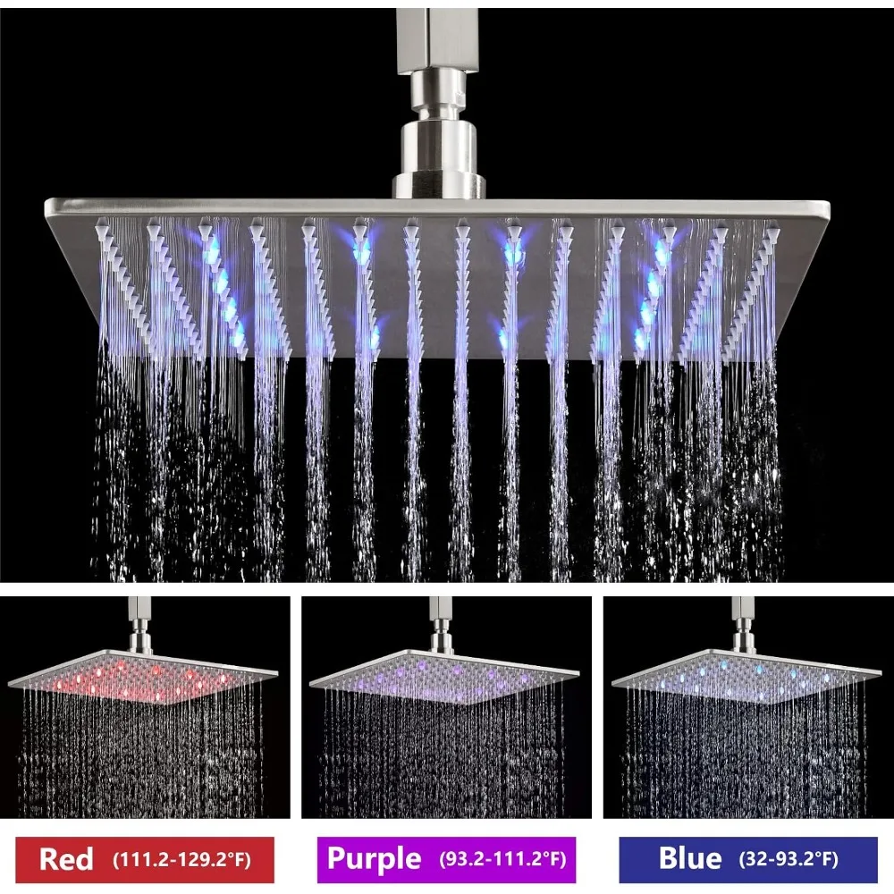 Ceiling Mount Shower Faucet Set with Handheld Spray, High Pressure Rainfall Shower Head, Brushed Nickel 12 Inch LED, Complete Rough-in Valve and Trim Kit view 2