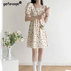 Abito donna stampa floreale colletto quadrato manica a sbuffo dolce studente versione Casual coreana bella estate Mini abiti larghi Vestidos