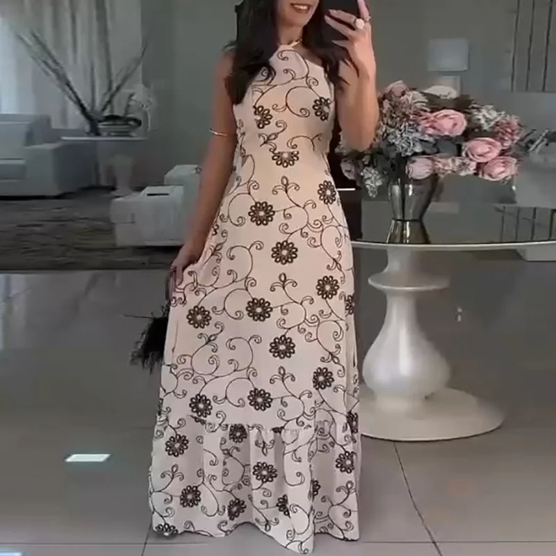 

Womens Spring Hollow Waist Pleated Evening Dress Sexy Off Shoulder Long Party Dress Summer Pattern Print Sleeveless Halter Dress