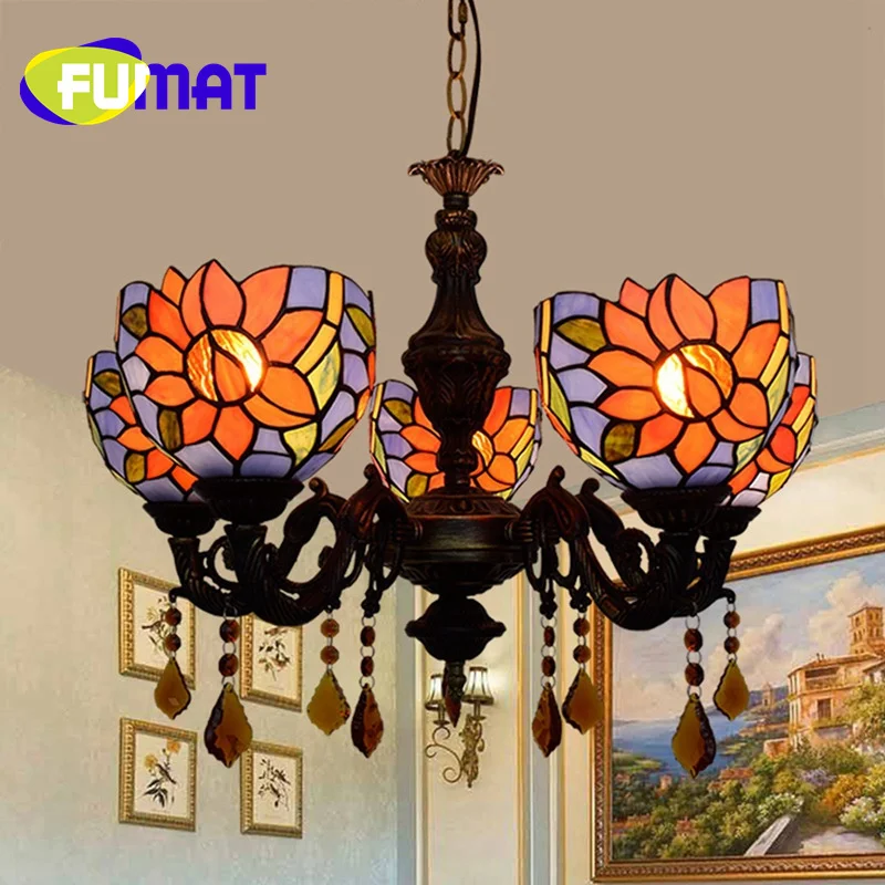 

FUMAT Tiffany style stained glass blue sunflower 5 chandelier Pendant lamp Living room Dining room bedroom hallway LED decor