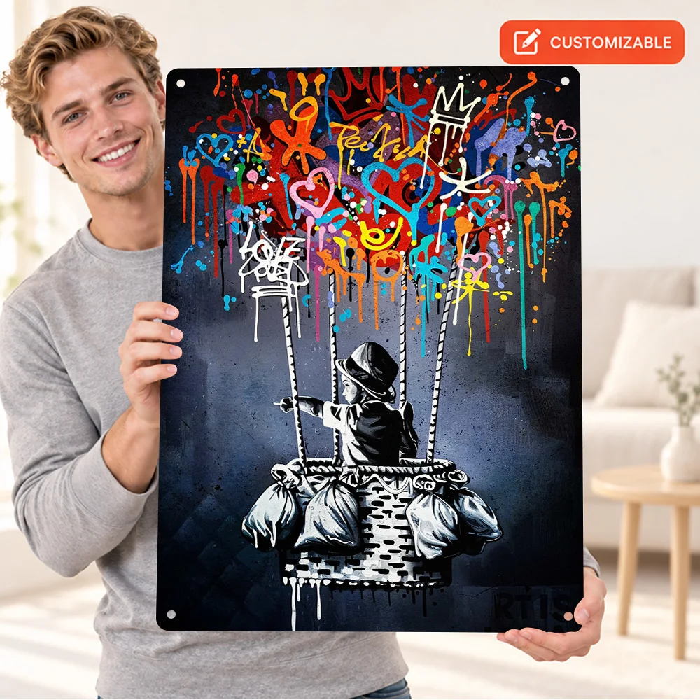 Banksy Child Balloon Textured Metal Poster Personalized Aluminum Sign Urban Stencil Digital Illustration Wall Art For Bedroom