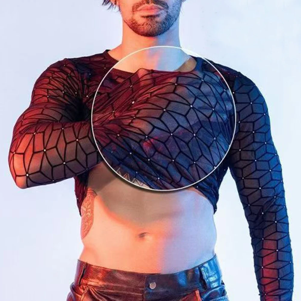 Mens Mesh Long-Sleeved Drop-Shoulder See-Through T-Shirt Nightclub Wear Fitness Breathable Bottoming Shirt Performance Clothes
