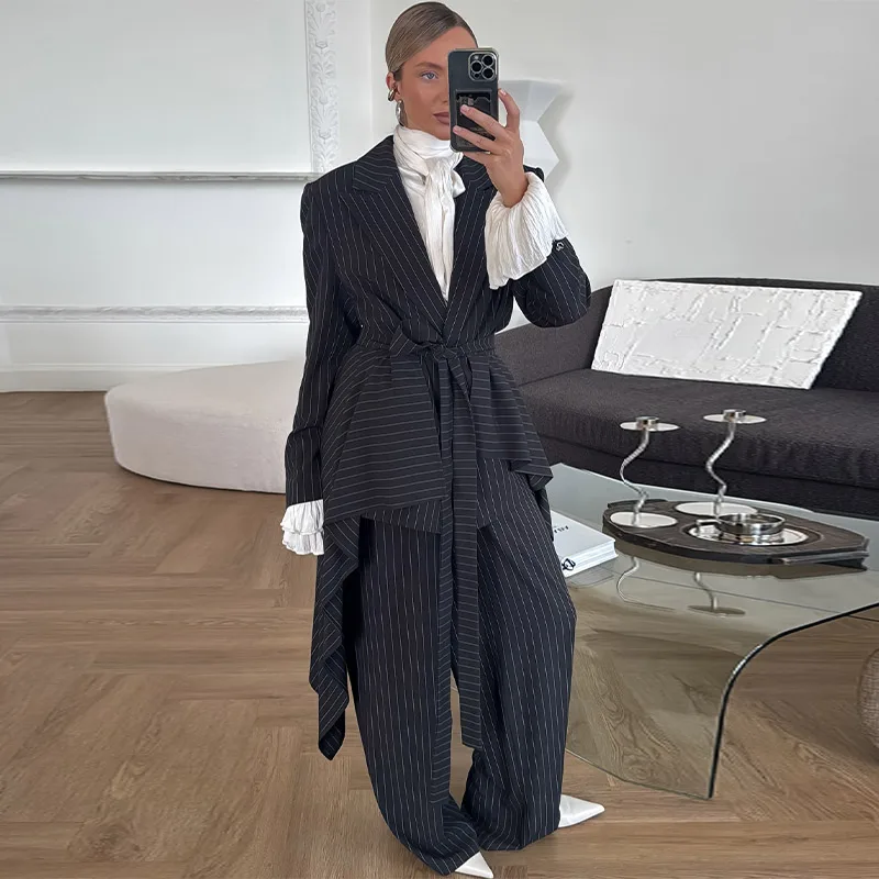 

Elegant Trendy Suit Set Designers Casual Striped Jacket Detachable Ruffle Edge Tie Women's Autumn Coat Fashionable Street Wear
