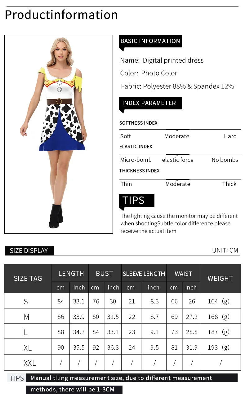 Damen Cowgirl Cosplay Kostüm mit Cold-Shoulder-Design, Kurzarm, Ripped-Look, Kuhmuster, Faschingskostüm für Halloween, Karneval, Western-Themenparty – Detail 2