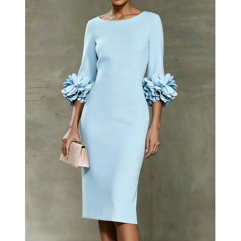 Elegant Solid Flower Splicing Design Long Sleeved Dress Women's Spring Autumn Fashion O-neck Slim Dresses Ladies Casual Vestidos