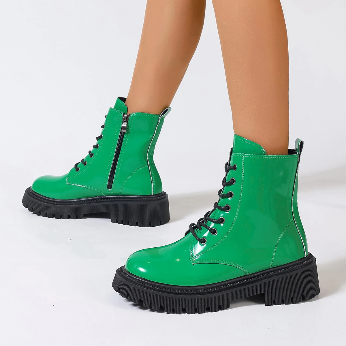 Women's Boots High Quality Patent Leather Short Boots Fashion Lace Up Platform Boot Luxury Designer Boots for Women Ankle Botas