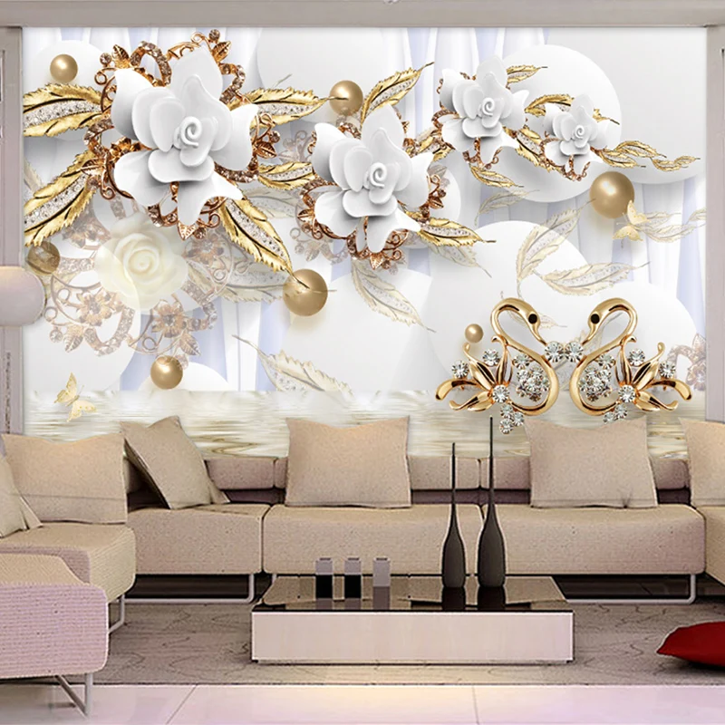 European Style 3D White Flowers Jewelry Luxury Wallpaper Photo Murals Living Room TV Sofa Hotel Background Wall Paper Home Decor