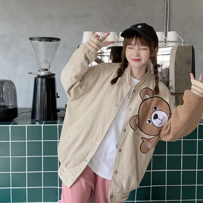 

Autumn 2025 Street Style Bear Patchwork Baseball Jacket Women's Exclusive Design Casual Long Sleeve Coat Button Closure