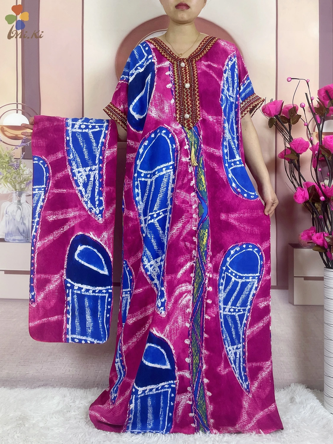 High Quality Muslim Women Summer Short Sleeved Dress Embroidered Tie Dyed Long Dress African Women Dress Dubai Islamic Clothing