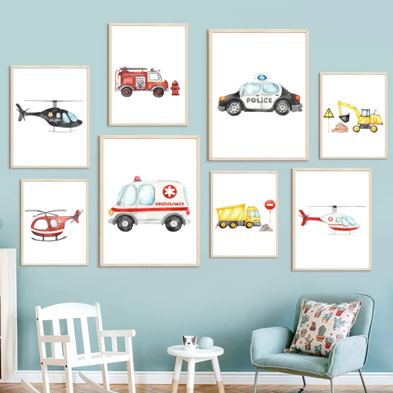 Police Ambulance Fire Truck Airplane Wall Art Canvas Painting Nordic Posters and Prints Pictures for Baby Kids Room Home Decor