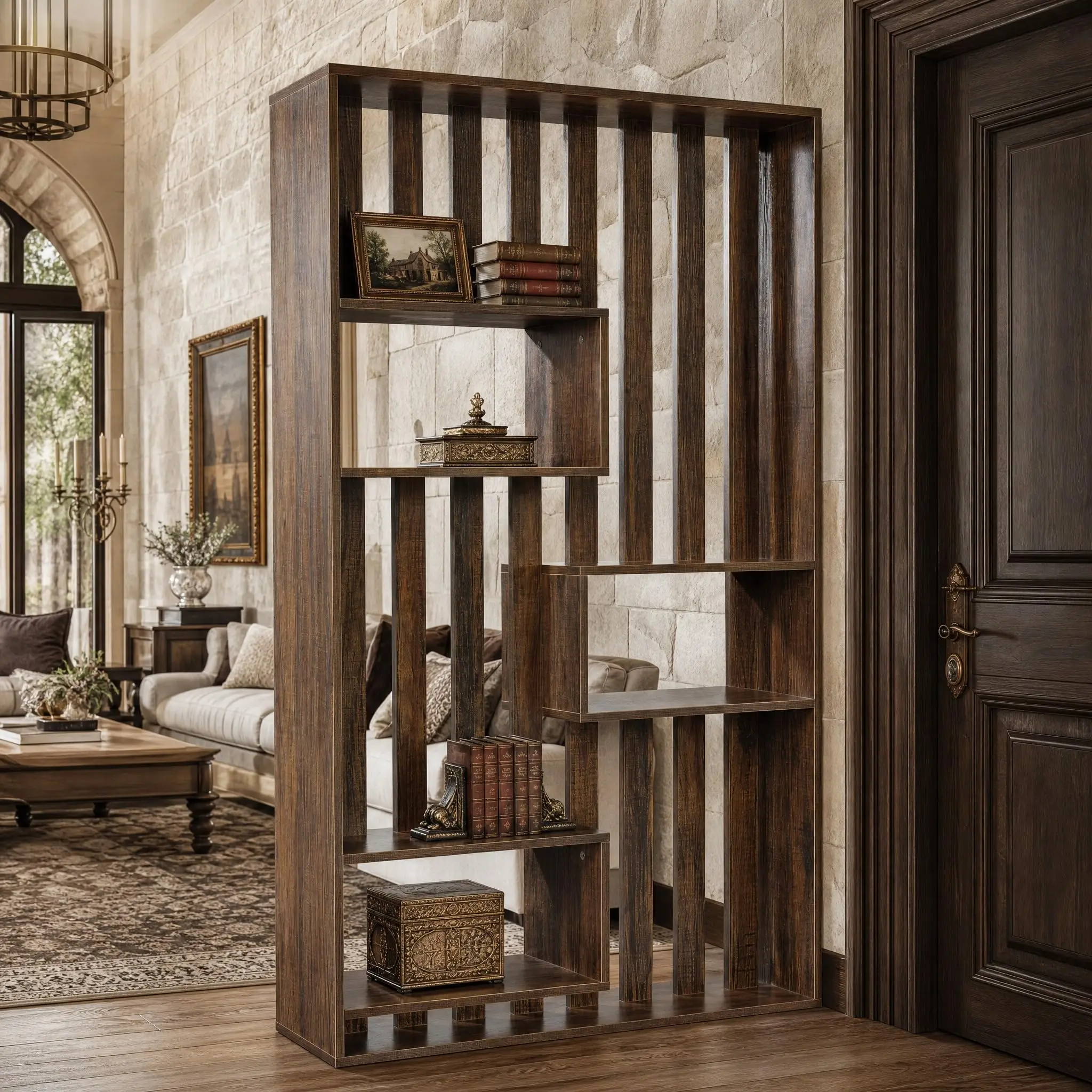 Room Divider with Built-in Shelves for Room Separation