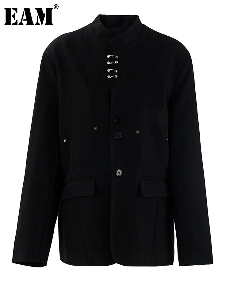 [EAM] Women Black Vintage Metal Buckle Big Size Blazer New Stand Collar Long Sleeve Jacket Fashion Spring Autumn 2024 CPG2125