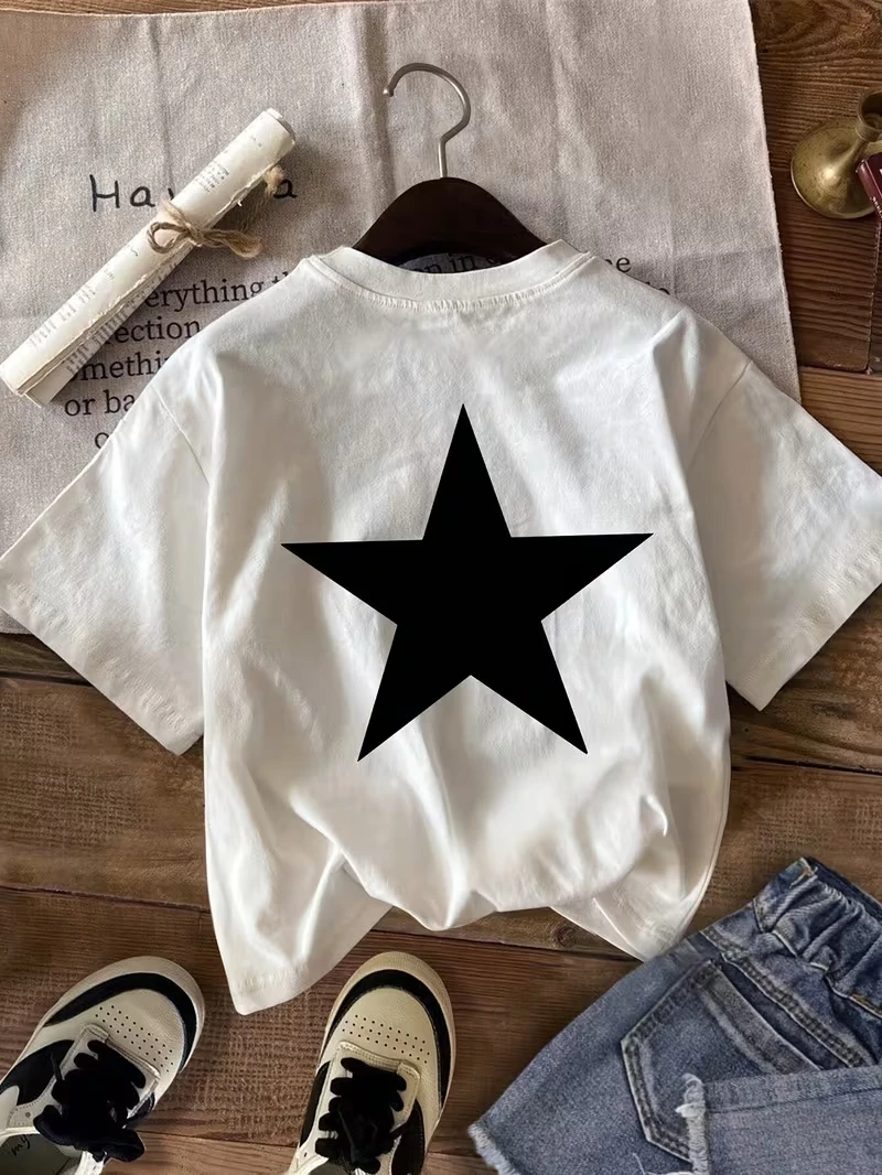 Women's Black Star Print T-Shirt, Casual Round Neck Short Sleeve Top for Spring Summer, Breathable Daily Wear for Ladies