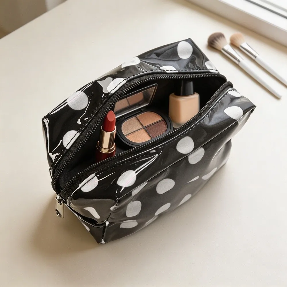 New Waterproof Cosmetic Bag Square Shape with Zipper Makeup Bag Polka Dot Pattern Glossy Surface Toiletry Bag Travel Use