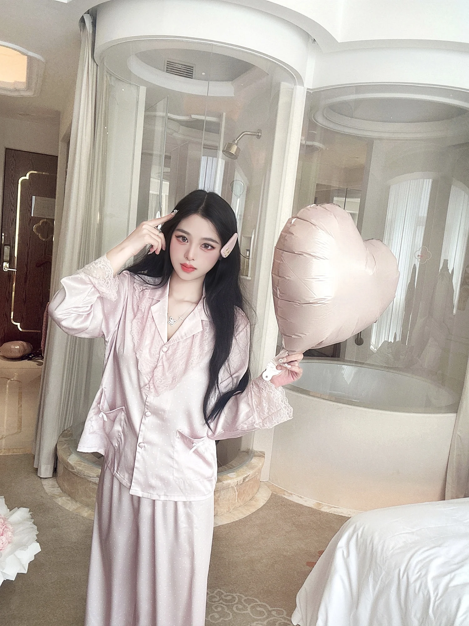 French Polka Dot Lace Trim Satin Ice Silk Long Sleeve Pajamas Sweet Cute Elegant Girl Turn-Down Collar Homewear Set