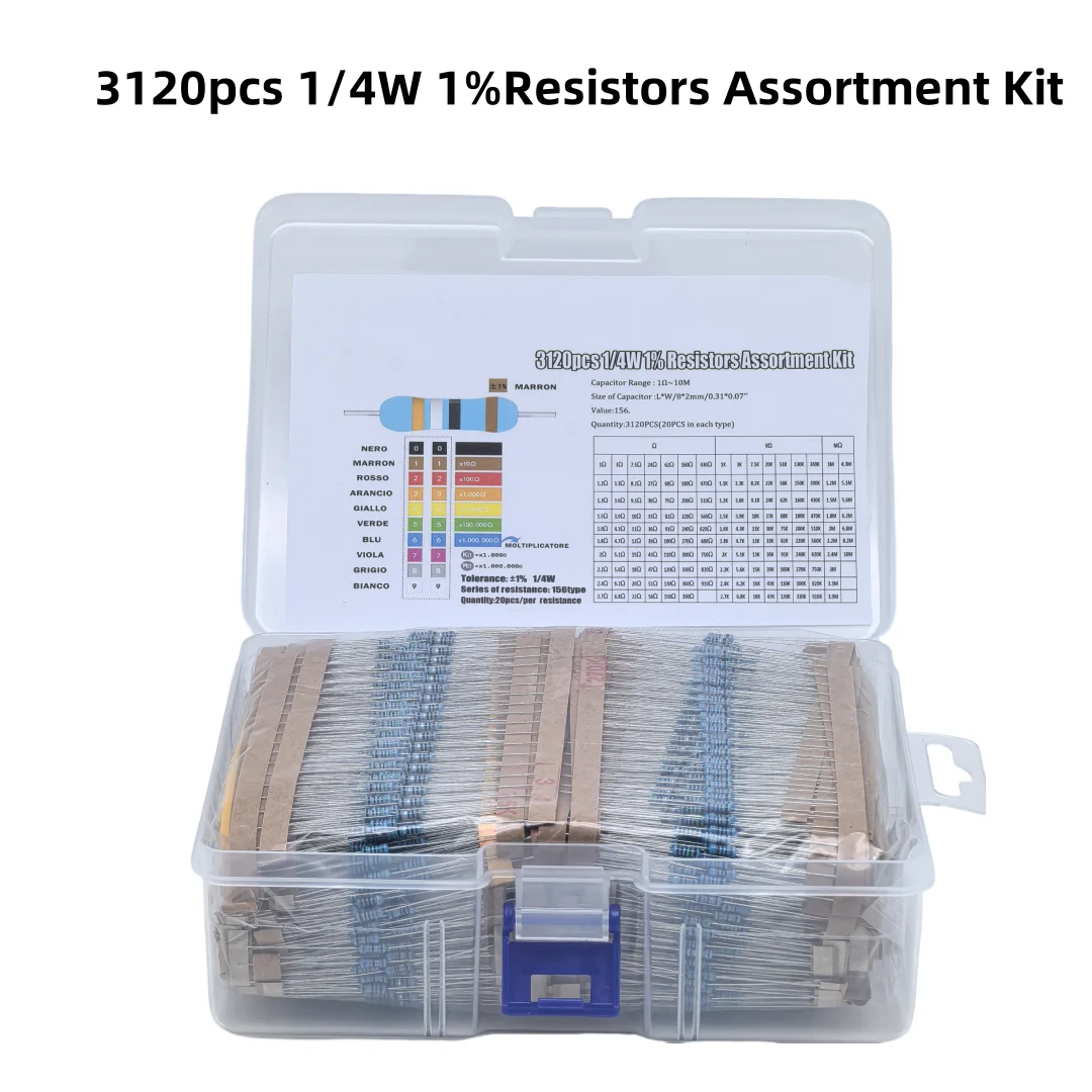 

3120 шт. прецизионных резисторов 1/4 Вт, 1%, комбинированный набор часто используемых моделей обслуживания, включая 156 типов с 20 шт.