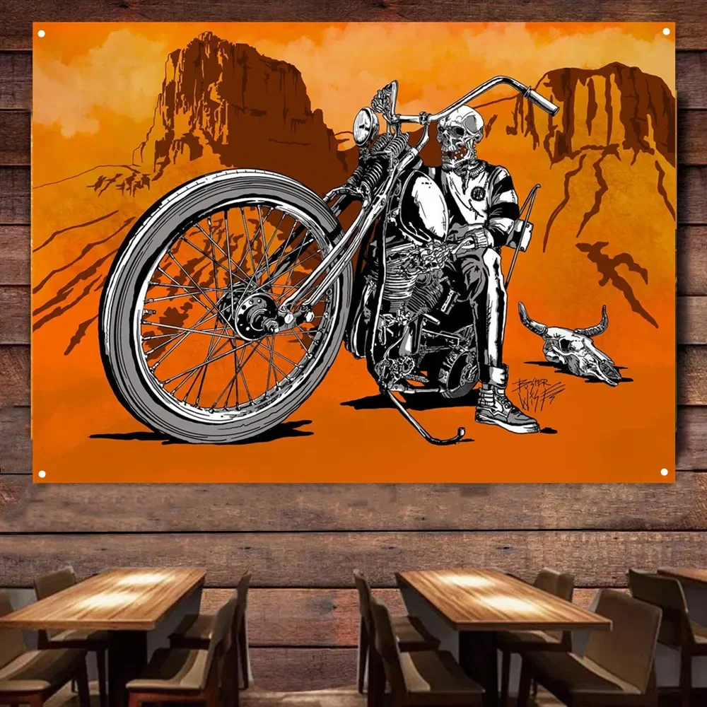 

Motorcycle rider in the desert Skull Art Poster Wall Hanging Flag Garage Gas Station Home Decor Banner Vintage Wall Painting B2