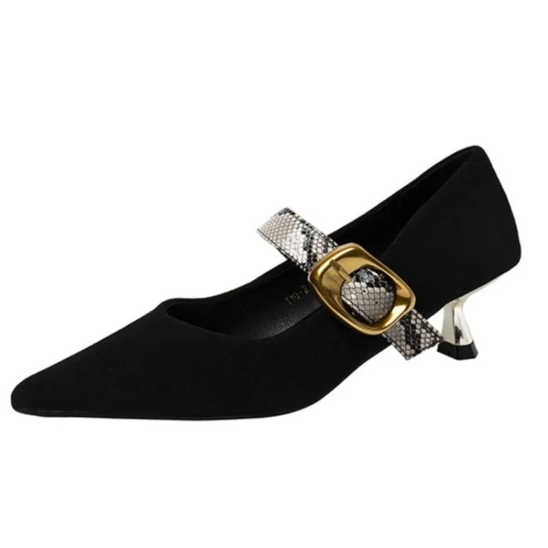 HOT SALE Spring/Autumn Women Shoes Sheep Suede Leather Shoes for Women Pointed Toe Chunky Heel Shoes Metal Buckle Women Pumps