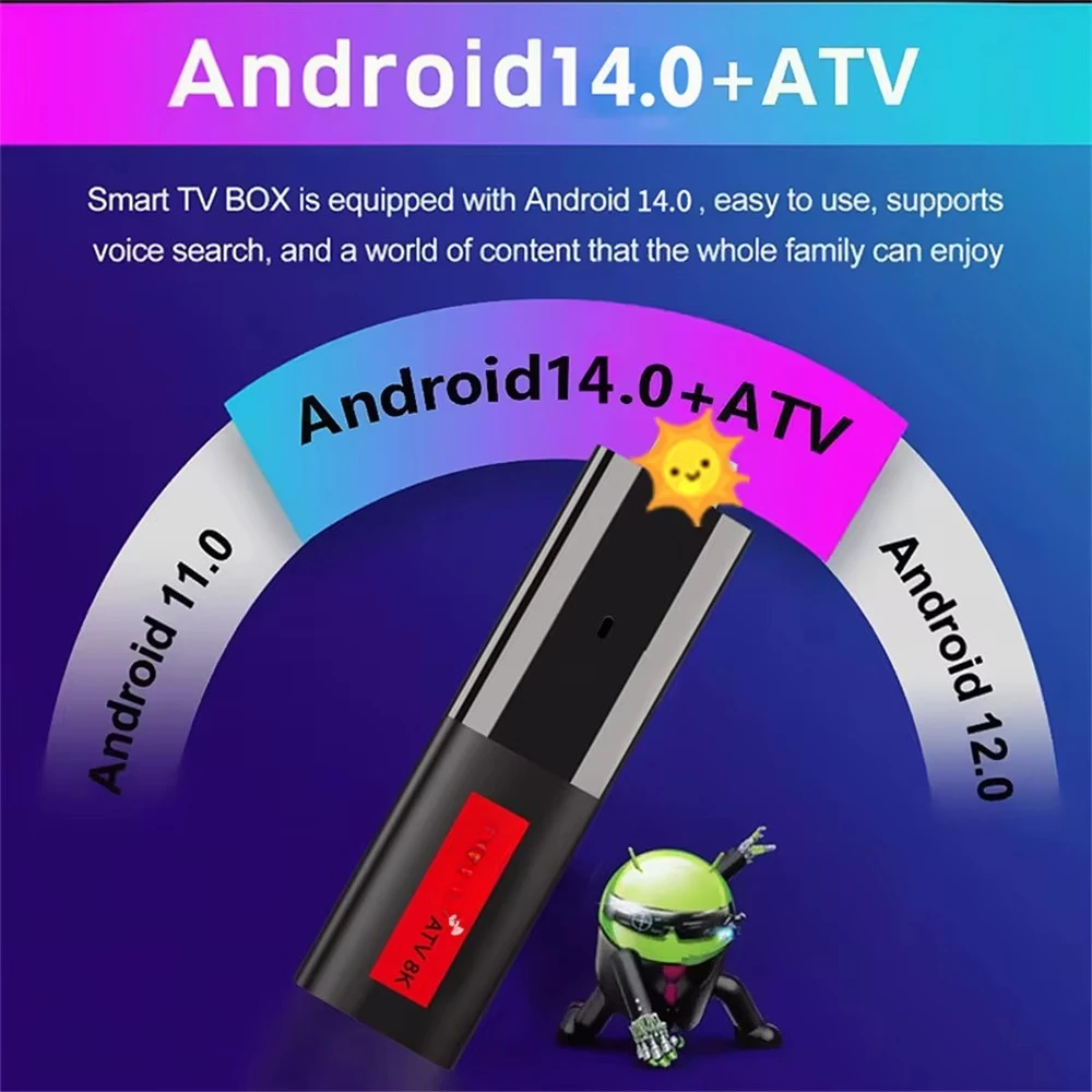 ATV Smart TV Stick Android 14 Support 8K Video BT5.0 WiFi 6 Allwinner H618 Quad Cortex A53 Voice Remote Smart TV Box