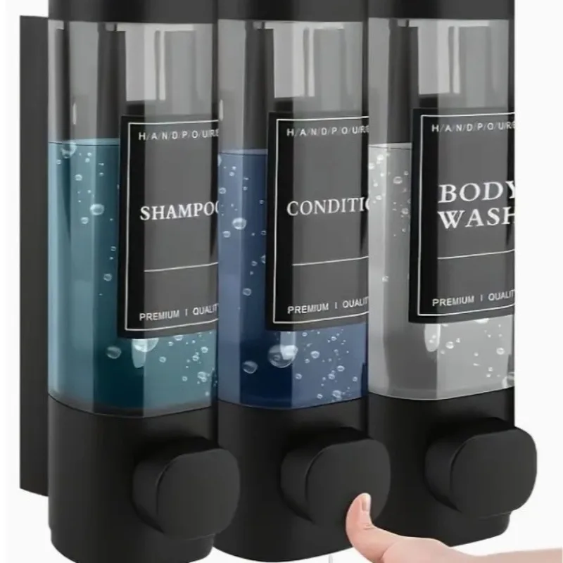 Large Capacity Dark Gray 3-Chamber Wall-Mounted Shampoo Conditioner Dispenser Shower Soap Dispenser for Bathroom Hotel No Drill