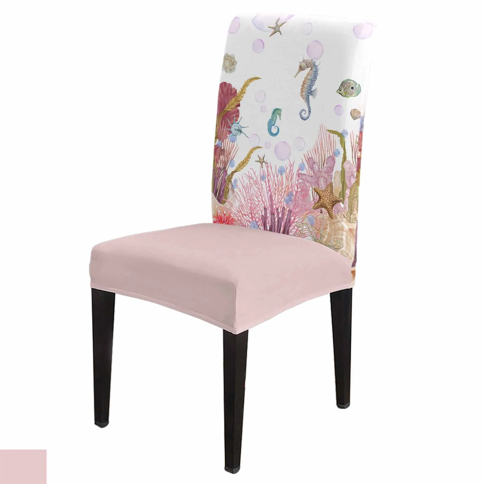 Sea Life Seahorse Coral Summer Chair Cover Spandex Elastic Dining Chair Slipcover Wedding Banquet Hotel Stretchy Seat Cover