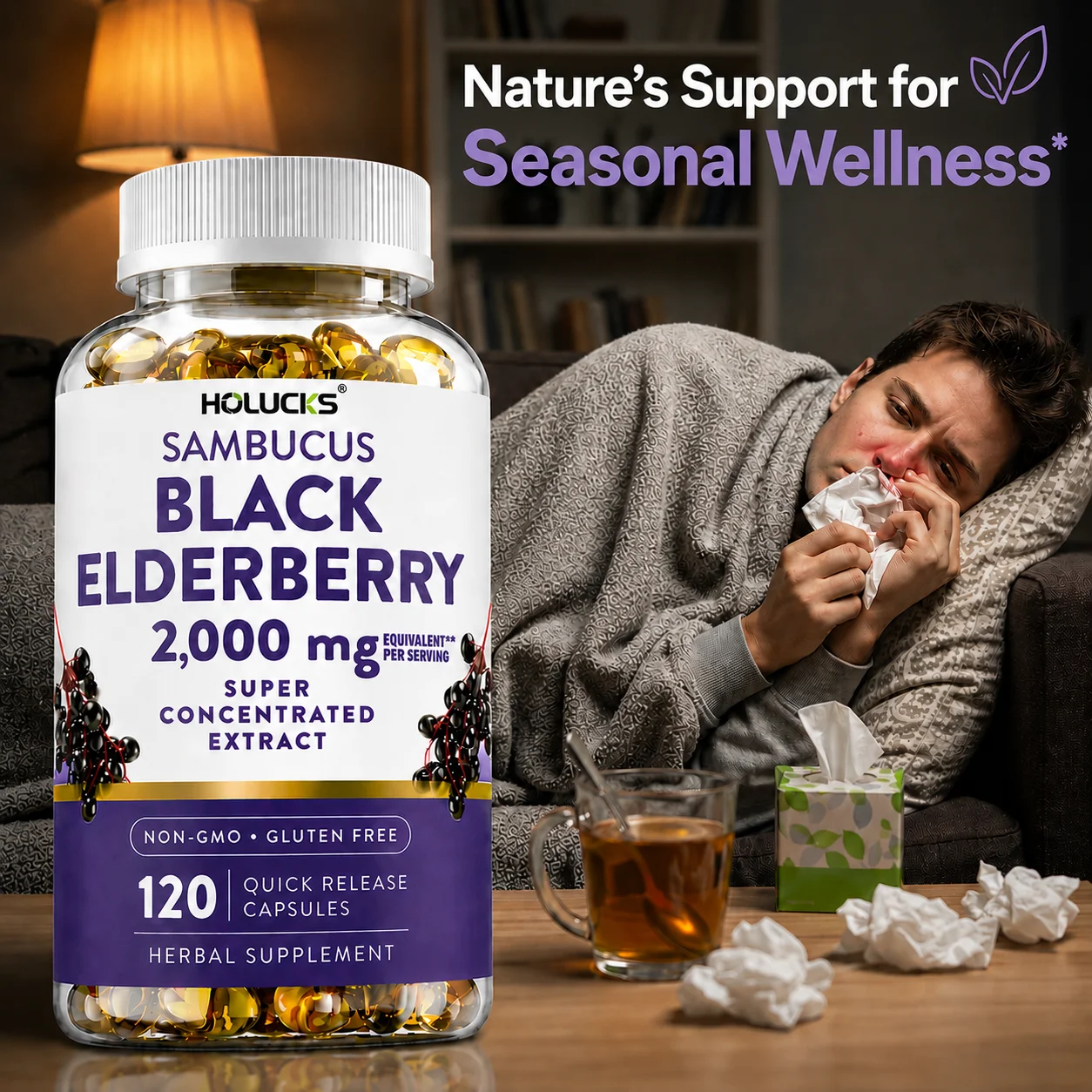 Natural Black Elderberry Sambucus Capsules, Support Immune Defense & Antioxidant, Help Body Resist Seasonal Changes Stress