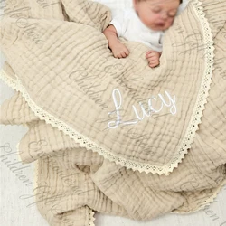 Baby Cotton Thread Lace Blanket Personalized Name Baby Stroller Cover Blanket Bath Towel Custom Newborn's Photography Props Gift