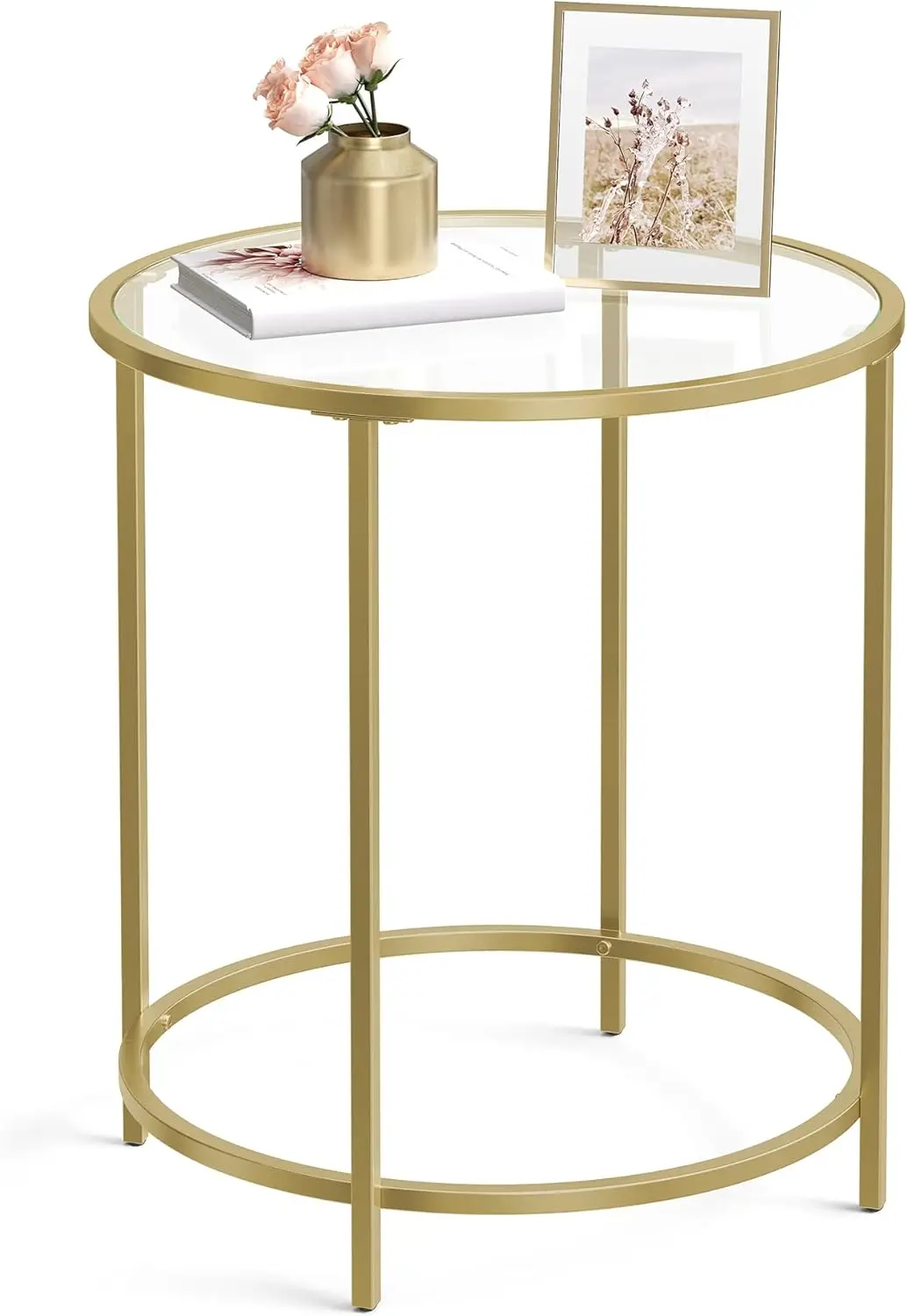 

Modern Gold Round Side Table with Tempered Glass Top and Adjustable Feet for Living Room, Bedroom
