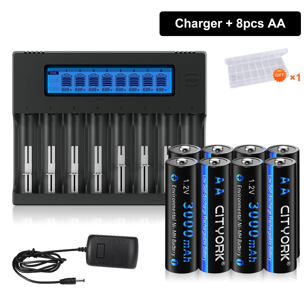 CITYORK 1.2V NI-MH AA Rechargeable battery+8-Slot LCD Display Charger for 3.7V 18650 16340/16350 14500 1.2V AA AAA batteries