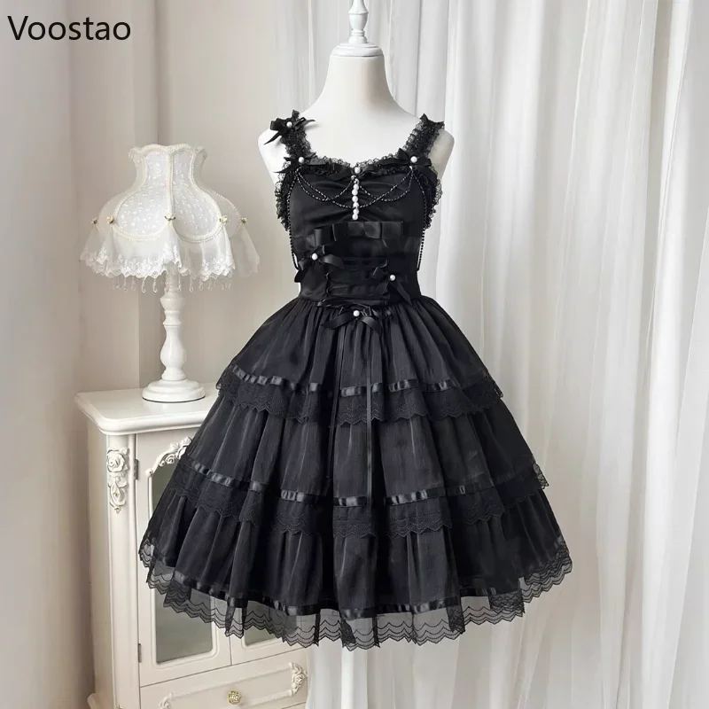 

Victorian Gothic Lolita Jsk Dress Women Elegant Sweet Pearl Mesh Princess Party Dresses Japanese Girls Cute Y2k Punk Vest ER6089