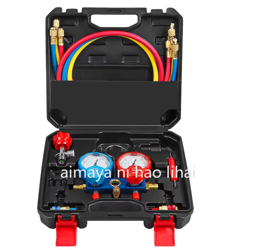 4 Way AC Gauge - AC Manifold Gauge Set for R134A R22 R12 R410A Refrigerant,Freon Gauges with 5ft Hoses, Couplers, Can Tap