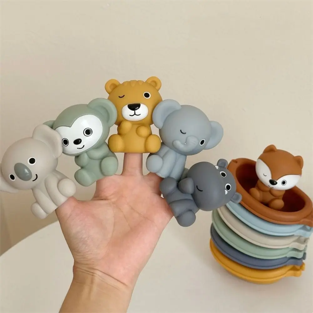 Marioneta de dedo, juguetes de baño para bebé, diseños de animales, torre plegable, ducha flotante de silicona, educación temprana, barco apilable, juguetes de regalo