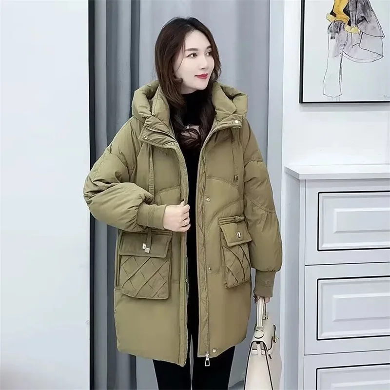 Hooded new Mid-Long Down Cotton Jacket For Women\'s Winter Clothing Loose Large Size Thick Quilted Cotton Jacket Cold Proof Parka