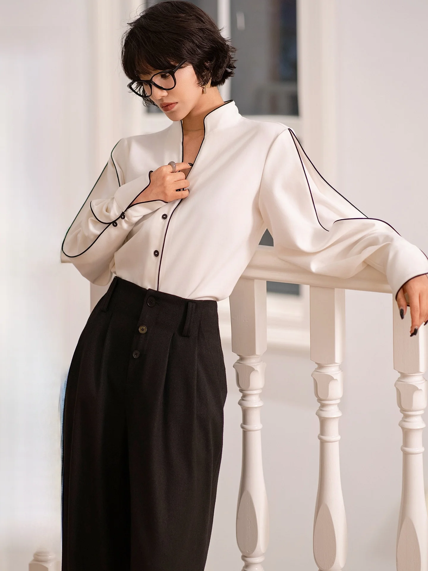 

Women's Wool Long Sve irt Casual Loose Fit V-Ne Concert Spring Faion Layering Silk Stand Collar Base Tee