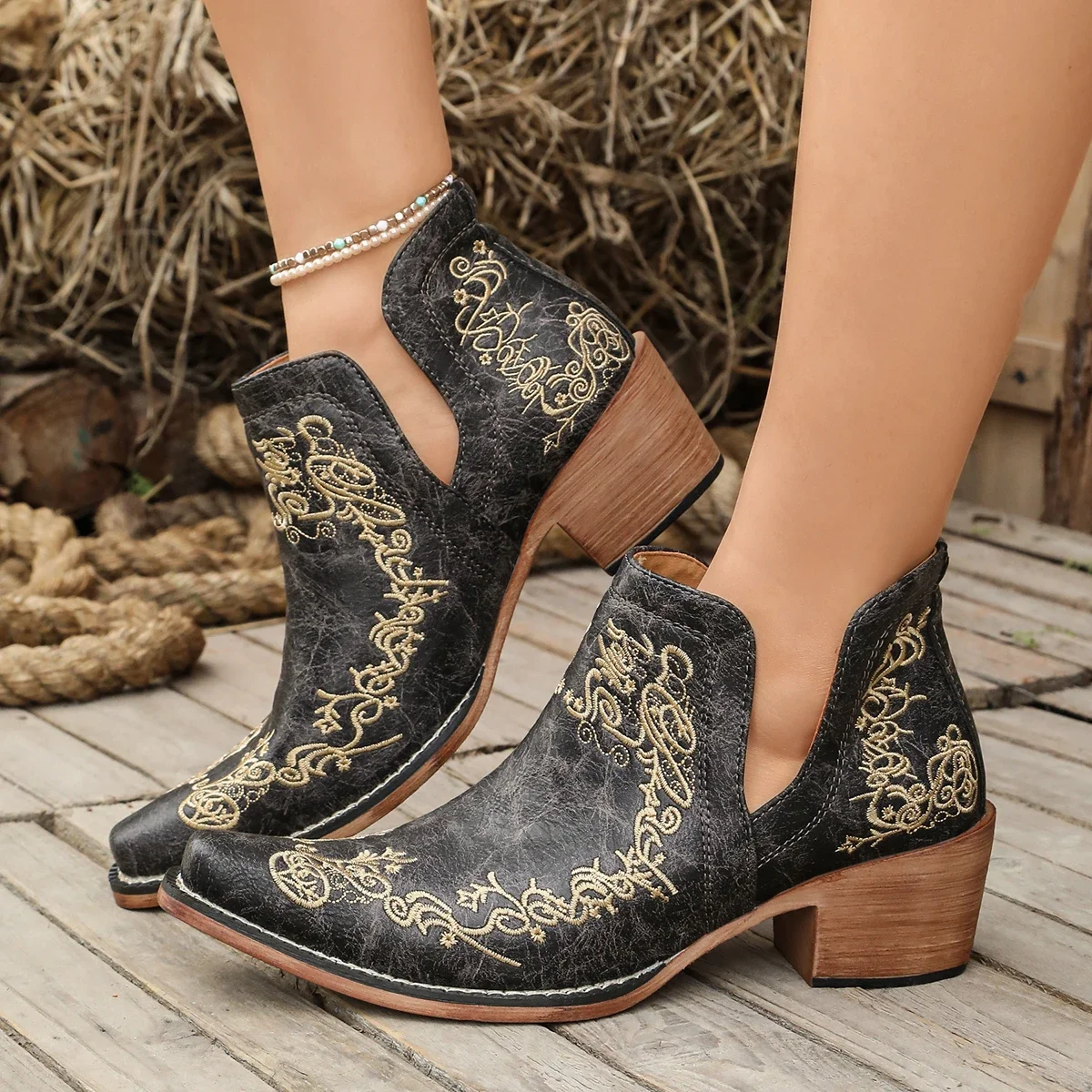 Women's Pointed Toe Cutout Chunky Heel Booties Vintage Cowboy Style Short Boots for Woman Botas Embroidery Western Ankle Boots