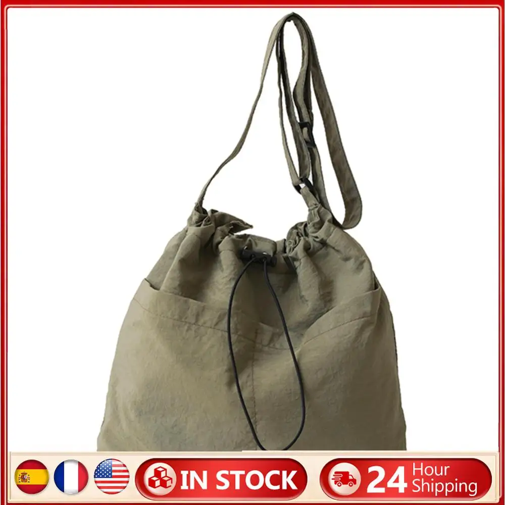 Women Fashion Shoulder Bag Adjustable Strap Nylon Drawstring Bucket Bag Simple Messenger Bag Multi-pockets for Outdoor Travel