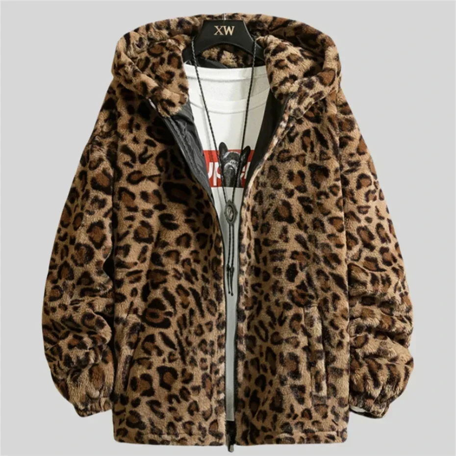 Leopard Print Thick Jackets Mens Streetwear Hip Hop Y2k Hooded Coats Men Harajuku Vintage Loose Casual Autumn Winter Jackets