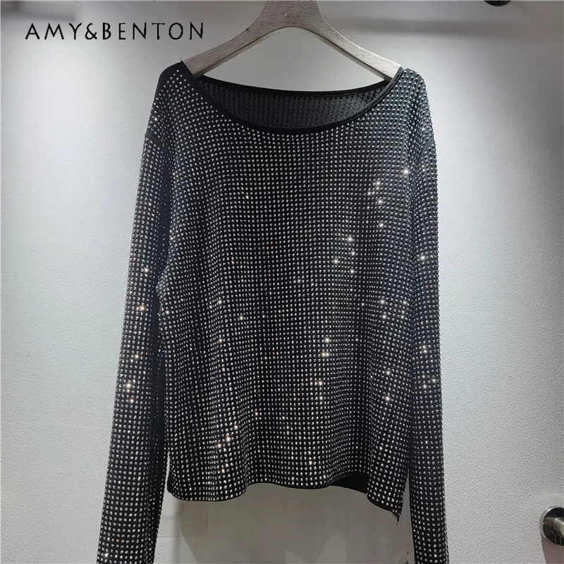 

Autumn Winter New T-shirt Heavy Rhinestone Bottoming Shirt Ladies Loose Slimming O-Neck Long Sleeves Top Versatile Short Tshirts