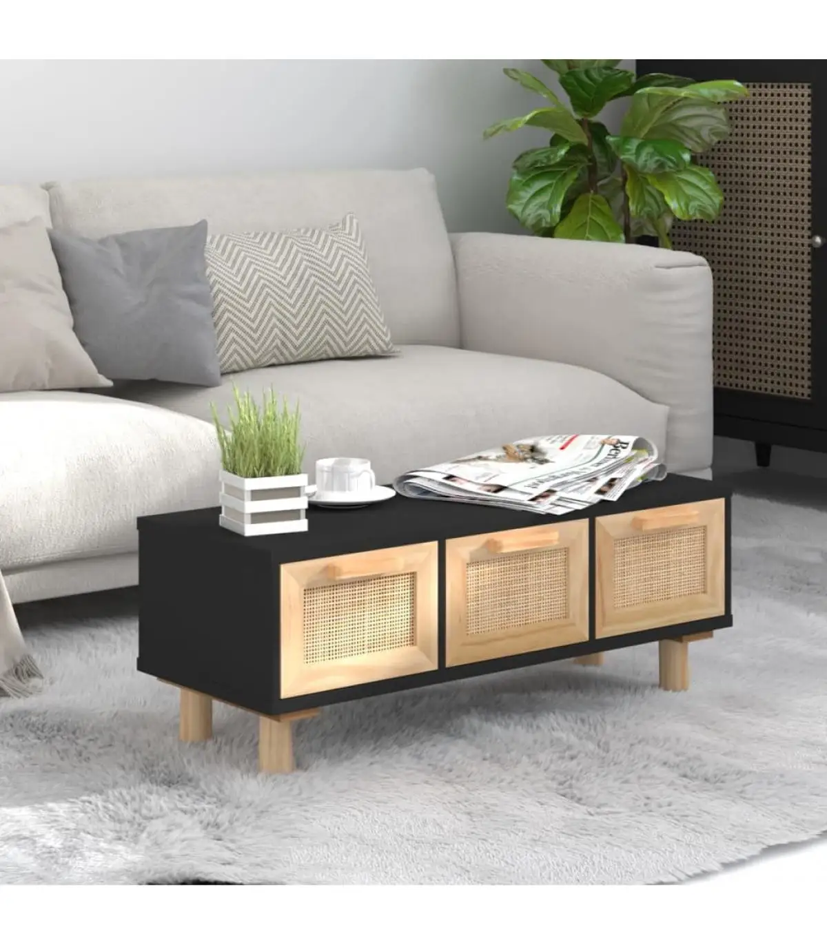 Coffee table black plywood and pine table 80x40x30 cm