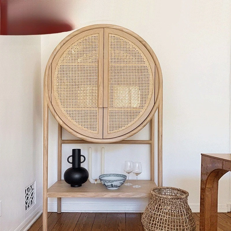 

Light luxury solid wood sideboard, small apartment, living room, retro rattan storage cabinet, wine cabinet